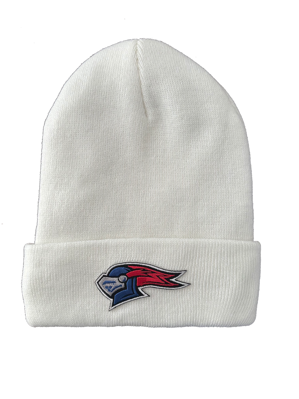 Fleece-Lined White Knit Cap with Knight Head